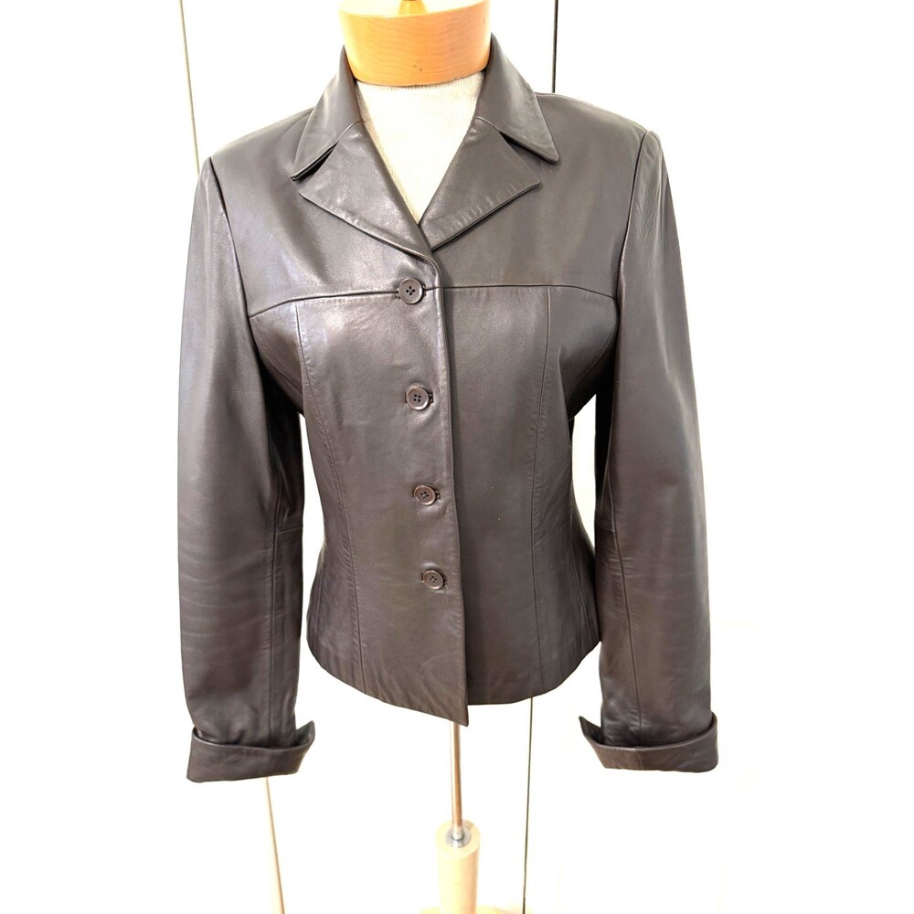 Cache Size 4 Y2K Dark Brown Leather Jacket Button Closure Collar